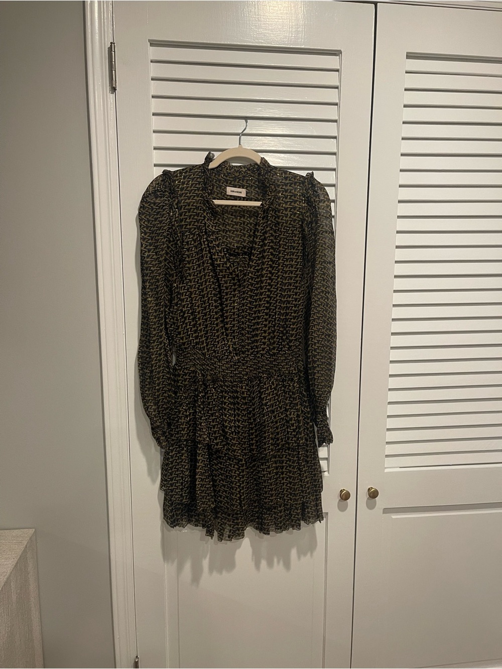 Zadig & Voltaire Black and Olive Printed Long Sleeve Mini Dress